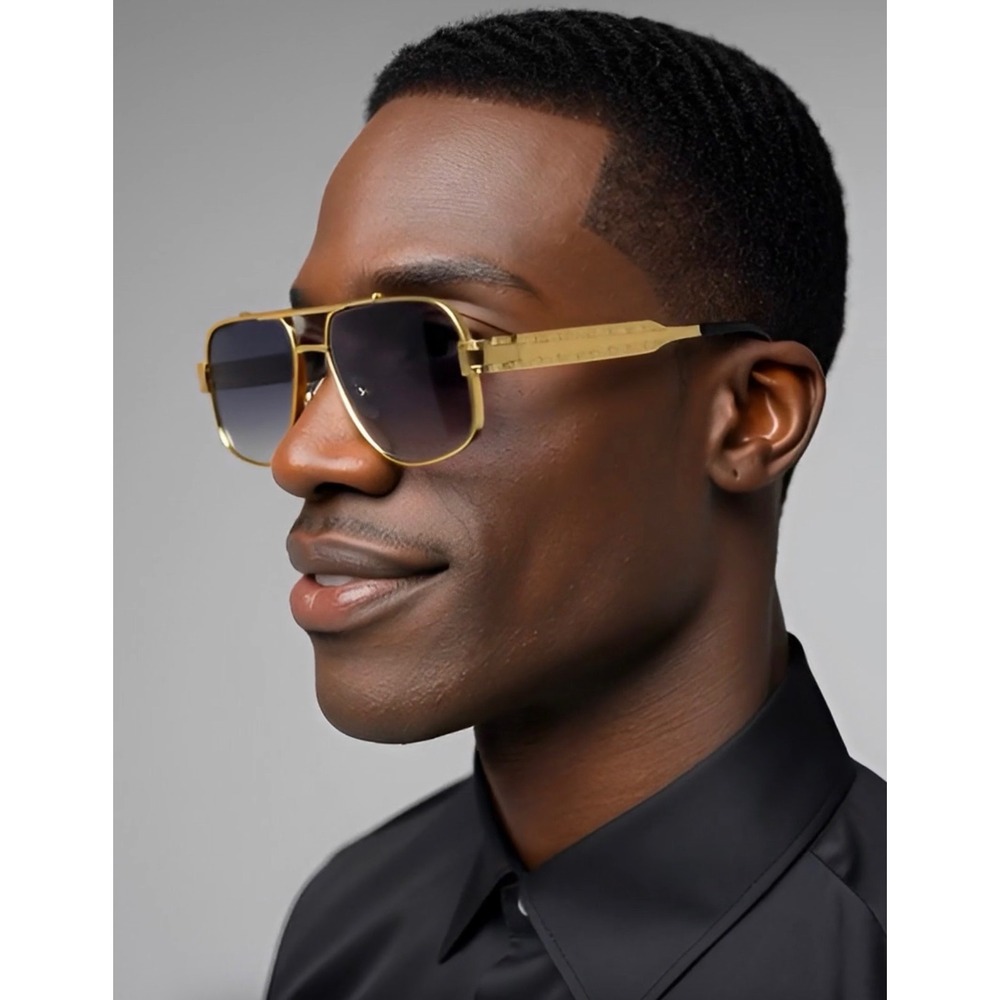 Mens Gold Square‎ Aviator Sunglasses Textured Metal Frame Gradient Grey Lens NEW